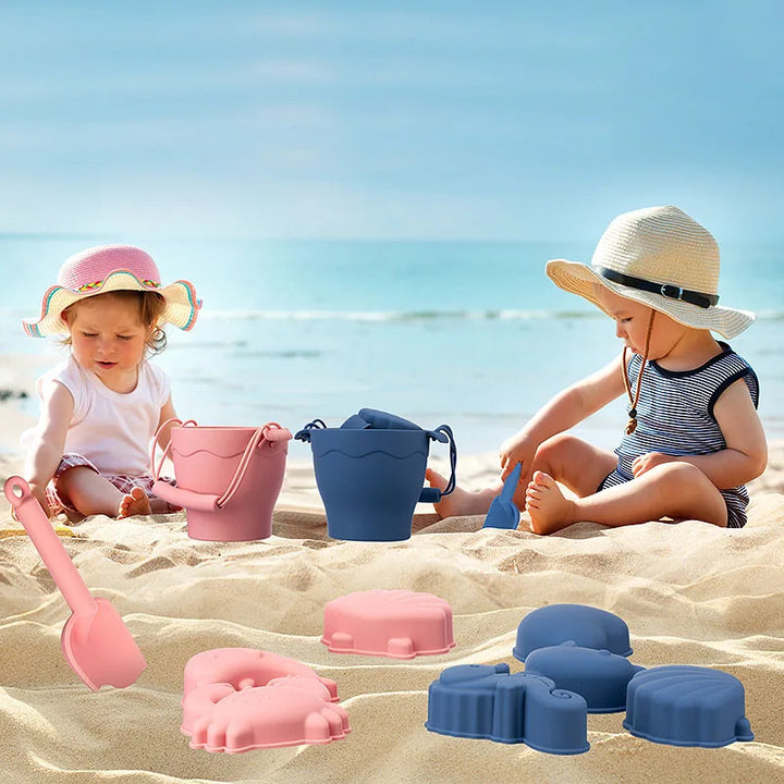 8-Piece Silicone Beach Toy Set | Bucket, Shovel &amp; Sand Molds