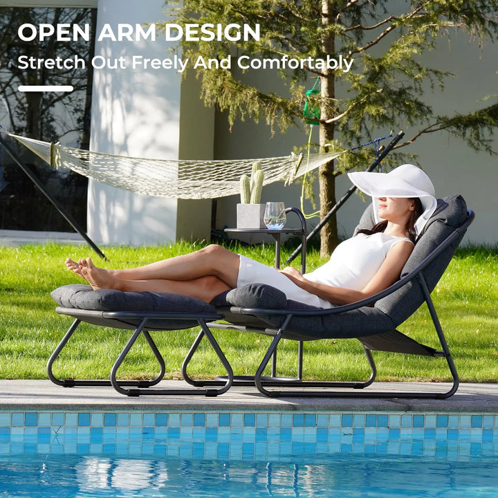 Outdoor Lounge Chair with Foot Stool, Comfy Sling Recliner Chair with Puffy Cushion and Foot Rest, Modern Patio Furniture Set