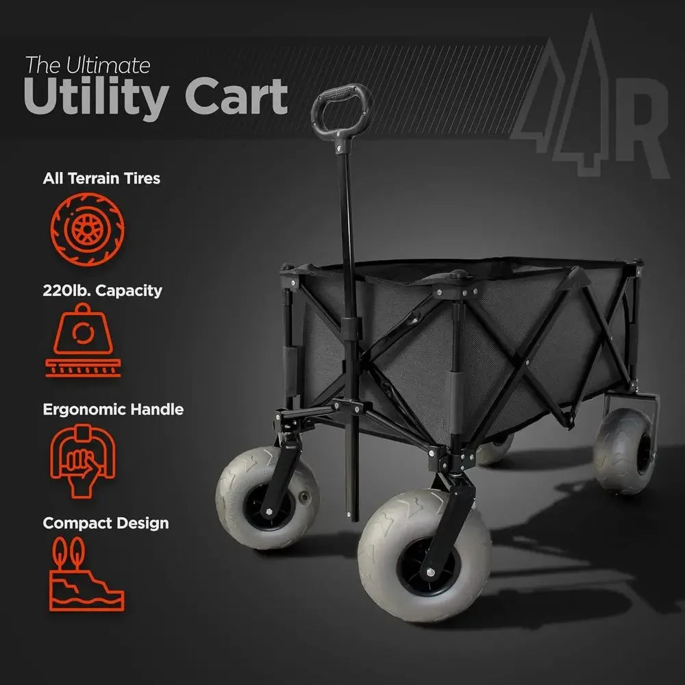 Beach Wagon with Big Wheels for Sand — All-Terrain Steel Utility Cart | 9" Pneumatic Tires | 220 lb Capacity | Collapsible Folding Design