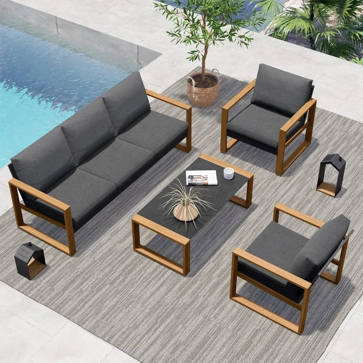 4-Piece Modern Aluminum Patio Furniture Set, Faux Wood Grain Finish Frame Sofa with Removable Extra Thick Cushions and Coffee Table
