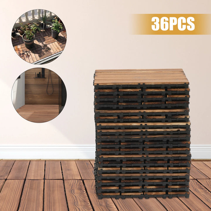 36-Pack Interlocking Wood Patio Deck Tiles — 12" x 12" Outdoor Hardwood Flooring Tiles | Brown