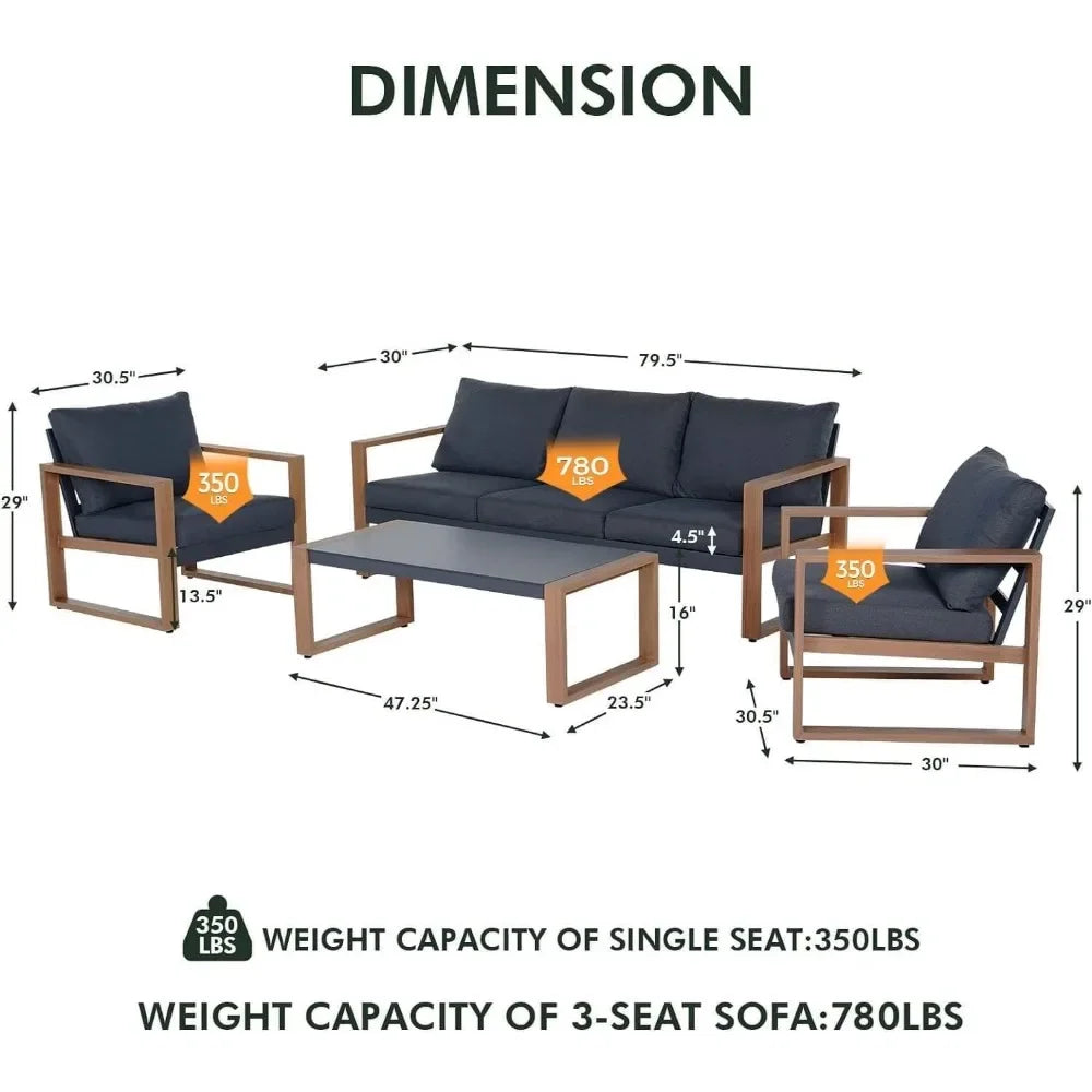 4-Piece Modern Aluminum Patio Furniture Set, Faux Wood Grain Finish Frame Sofa with Removable Extra Thick Cushions and Coffee Table