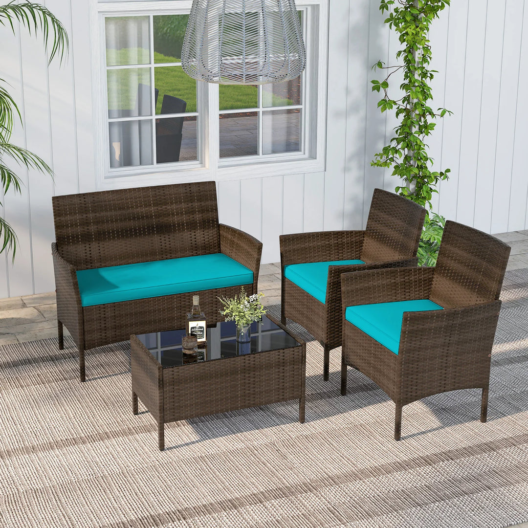 8 PCS Patio Furniture Set with Washable Cushions and Tempered Glass Coffee Table Turquoise