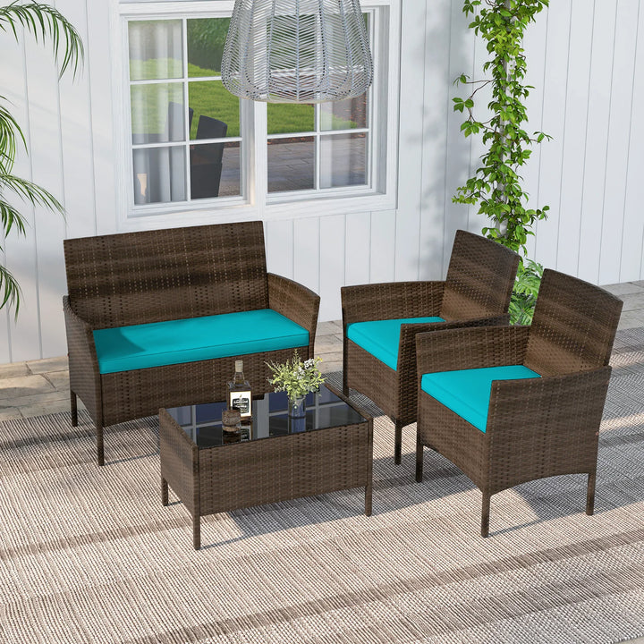 8 PCS Patio Furniture Set with Washable Cushions and Tempered Glass Coffee Table Turquoise