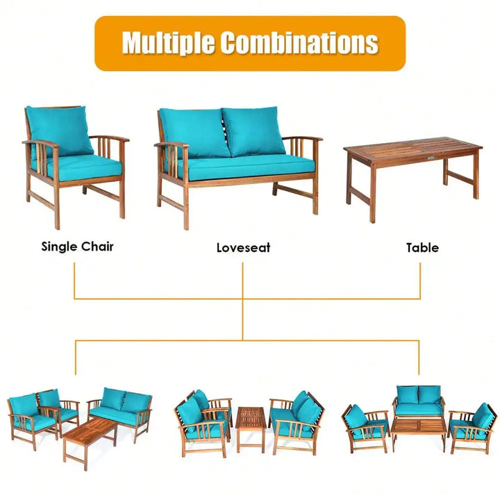 4pcs Wooden Patio Furniture Set Table &amp; Sectional Sofa w/ Turquoise Cushion