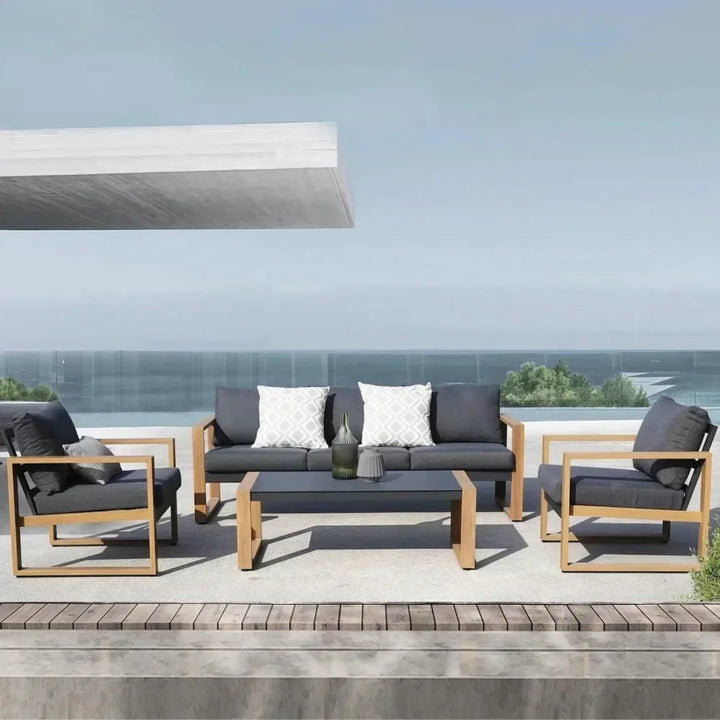 4-Piece Modern Aluminum Patio Furniture Set, Faux Wood Grain Finish Frame Sofa with Removable Extra Thick Cushions and Coffee Table