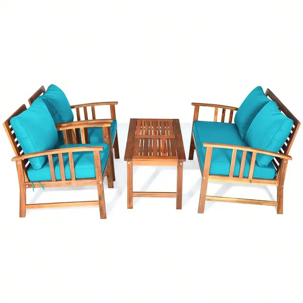 4pcs Wooden Patio Furniture Set Table &amp; Sectional Sofa w/ Turquoise Cushion