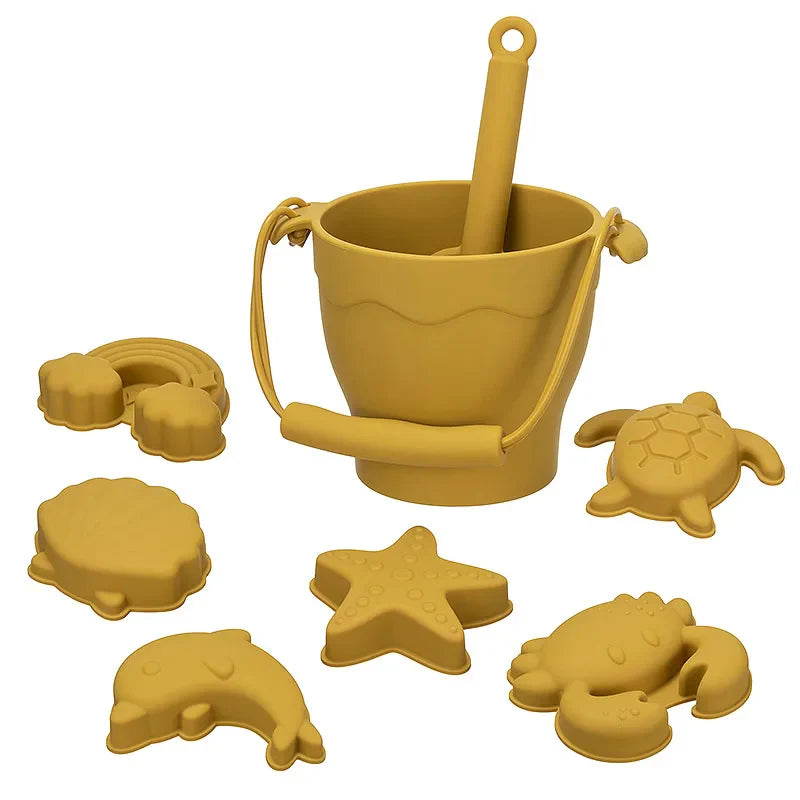 8-Piece Silicone Beach Toy Set | Bucket, Shovel &amp; Sand Molds