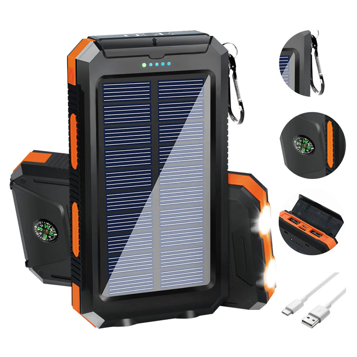 20,000mAh Solar Power Bank — Waterproof Portable Charger with Dual USB, LED Flashlight &amp; Solar Panel