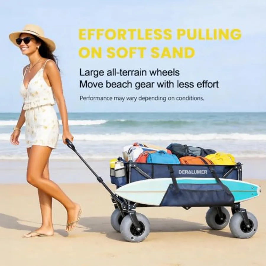 Beach Wagon for Sand with 9×4 Balloon Wheels Heavy Duty Folding Utility Cart with Side Bag Navy Blue Collapsible for Beach Camp