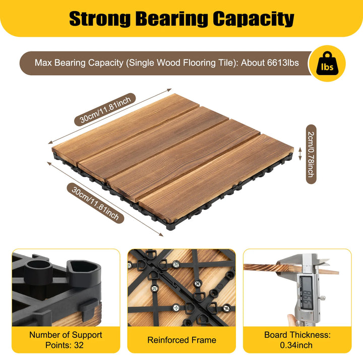 36-Pack Interlocking Wood Patio Deck Tiles — 12" x 12" Outdoor Hardwood Flooring Tiles | Brown