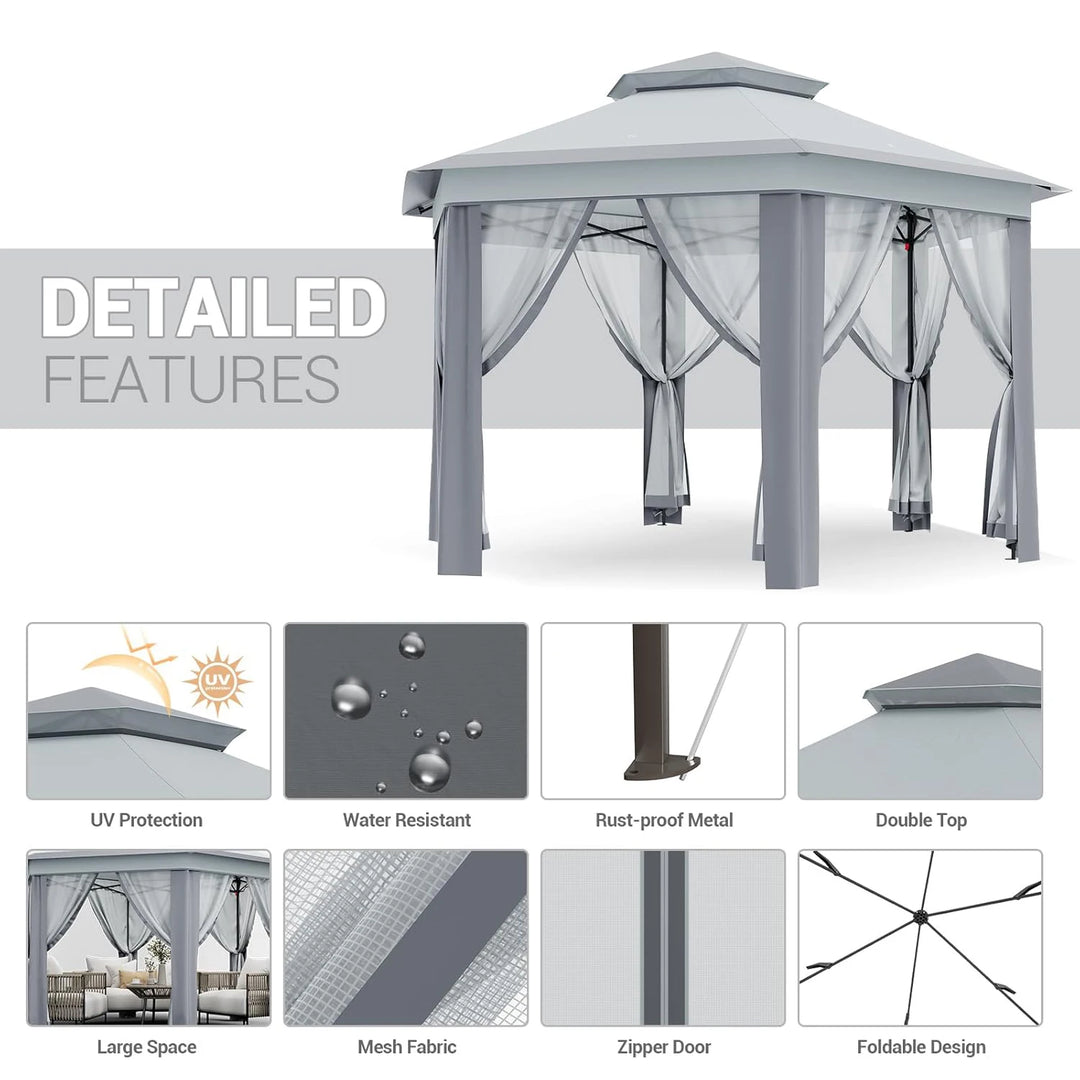 79.5" Foldable Gazebo Tent, Outdoor Canopy Tent With Mosquito Netting, Double-Layer Pop Up Canopy For Backyard &amp; Patio Furniture