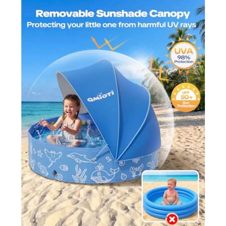 63in Kiddie Pool with Canopy for backyard, beach, outdoor summer water play; PVC material, blue; foldable, portable, non-slip b