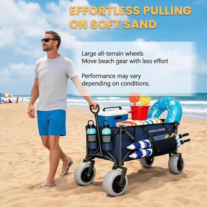 X800 Heavy-Duty Beach Wagon — 9"x4" Sand-Proof PU Wheels, 300L Oversized Foldable Cart with Side Bag | All-Terrain Utility Wagon