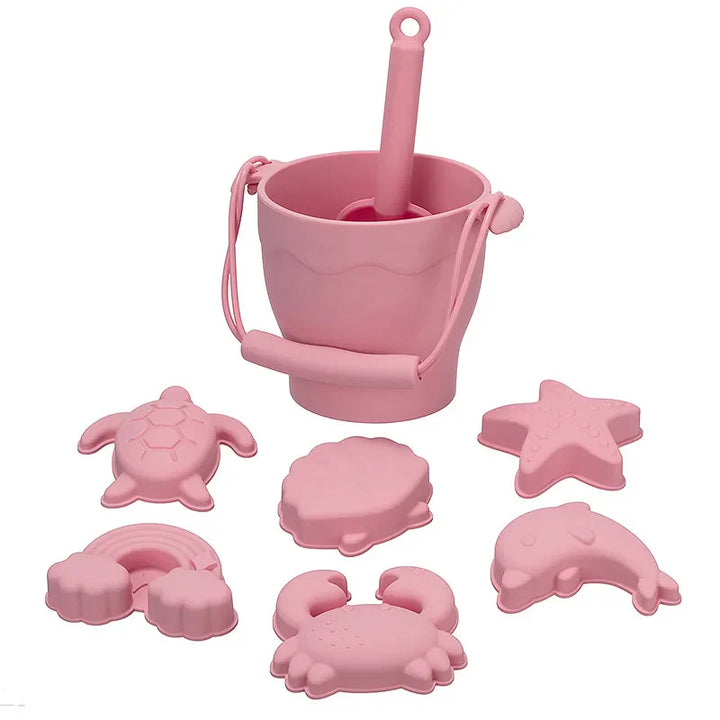 8-Piece Silicone Beach Toy Set | Bucket, Shovel &amp; Sand Molds