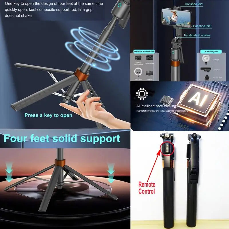 360° Rotatable Selfie Stick Tripod – Smart Face Tracking with Dual Fill Lights &amp; Bluetooth Remote
