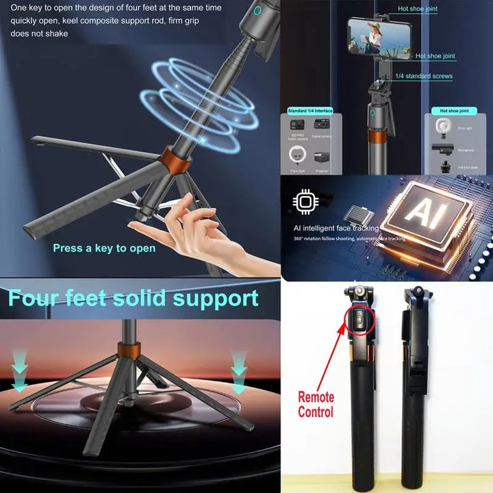 360° Rotatable Selfie Stick Tripod – Smart Face Tracking with Dual Fill Lights &amp; Bluetooth Remote