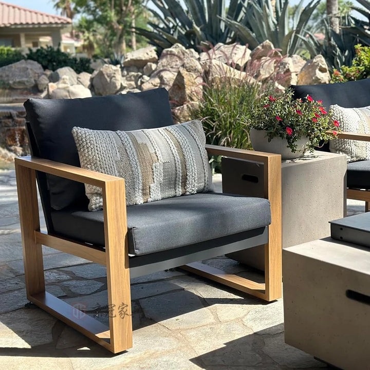 4-Piece Modern Aluminum Patio Furniture Set, Faux Wood Grain Finish Frame Sofa with Removable Extra Thick Cushions and Coffee Table