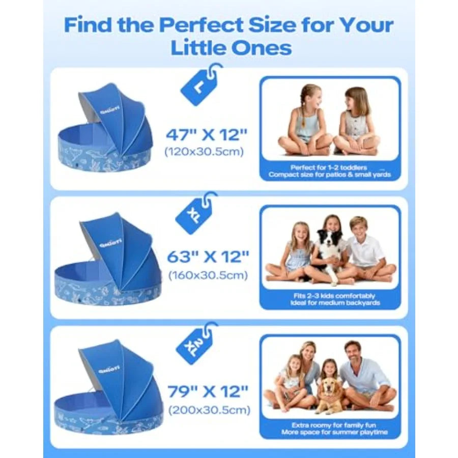 63in Kiddie Pool with Canopy for backyard, beach, outdoor summer water play; PVC material, blue; foldable, portable, non-slip b