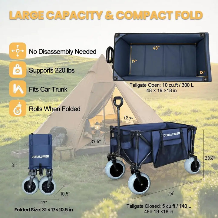 X800 Heavy-Duty Beach Wagon — 9"x4" Sand-Proof PU Wheels, 300L Oversized Foldable Cart with Side Bag | All-Terrain Utility Wagon