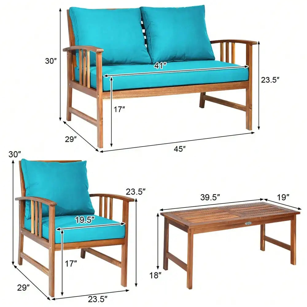 4pcs Wooden Patio Furniture Set Table &amp; Sectional Sofa w/ Turquoise Cushion