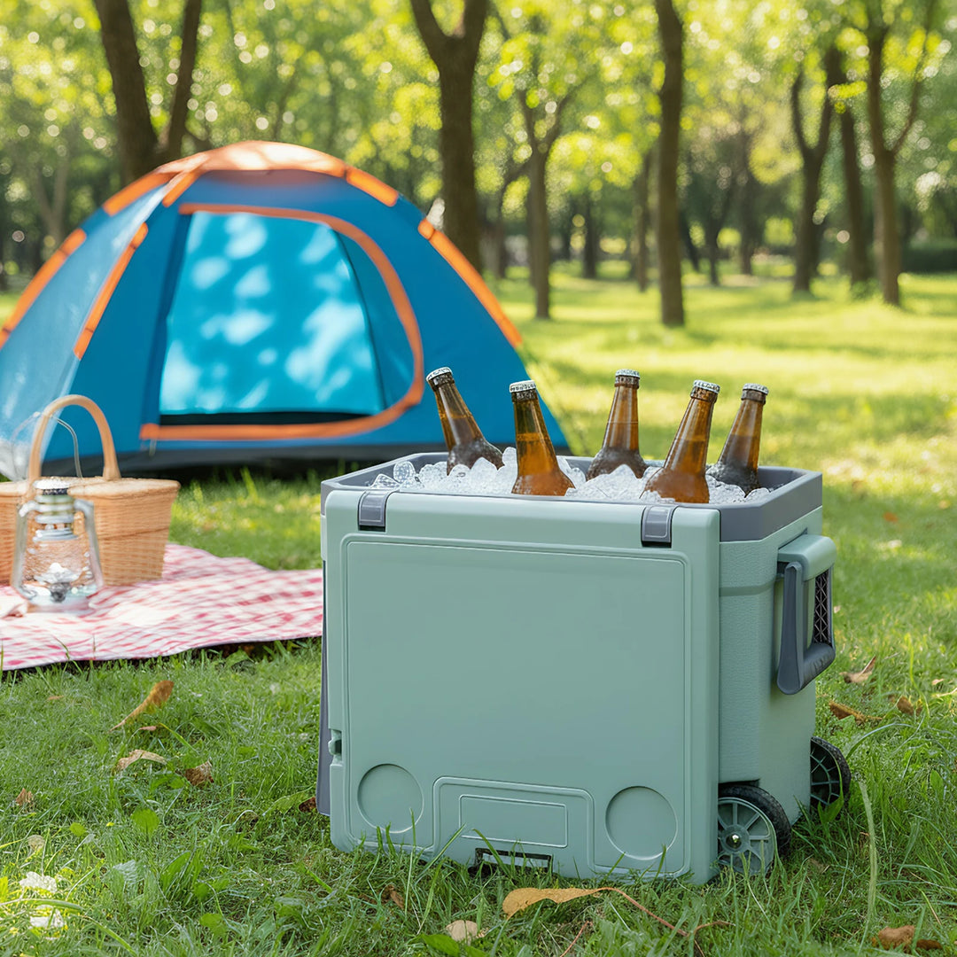 Rolling Insulated Hard Cooler with Wheels Holds Ice Up To 24h Roto-Molded Ice Cooler Leak-Proof for Tailgating Parties Picnics