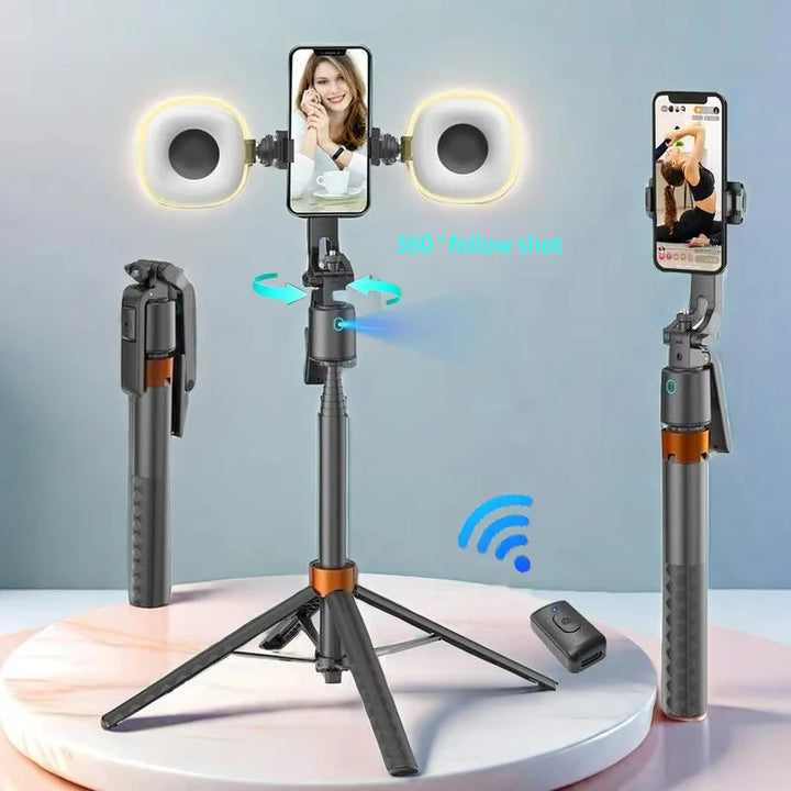 360° Rotatable Selfie Stick Tripod – Smart Face Tracking with Dual Fill Lights &amp; Bluetooth Remote