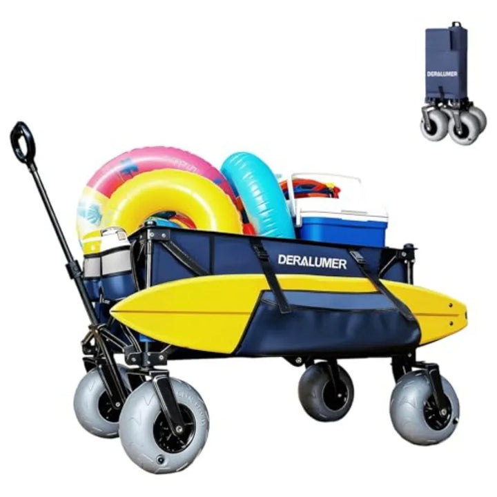 Beach Wagon for Sand with 9×4 Balloon Wheels Heavy Duty Folding Utility Cart with Side Bag Navy Blue Collapsible for Beach Camp