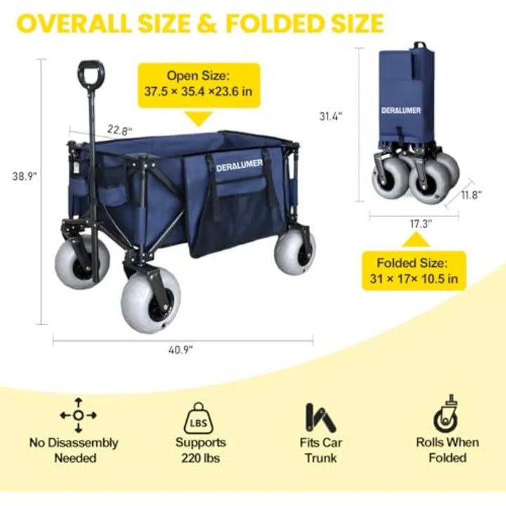 Beach Wagon for Sand with 9×4 Balloon Wheels Heavy Duty Folding Utility Cart with Side Bag Navy Blue Collapsible for Beach Camp