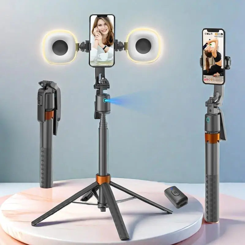 360° Rotatable Selfie Stick Tripod – Smart Face Tracking with Dual Fill Lights &amp; Bluetooth Remote