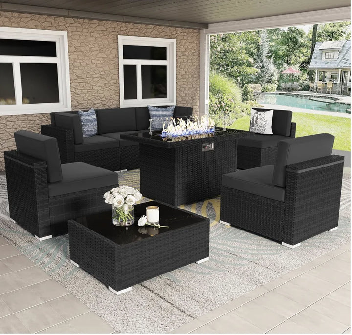 8-Piece Patio Furniture Set with 44" Propane Gas Fire Pit Table — Outdoor Wicker Sectional Sofa &amp; Coffee Table | Black