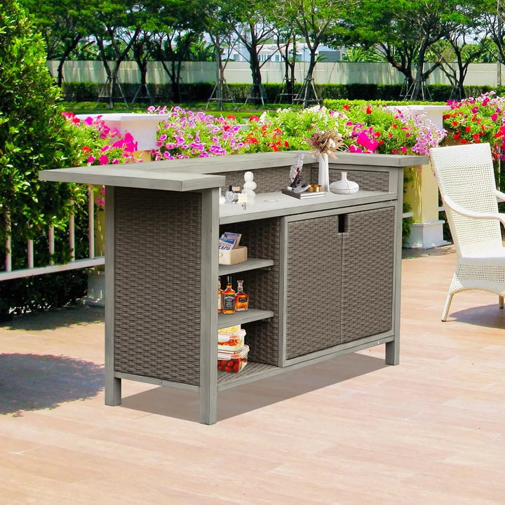 Domi Outdoor Aluminum PE Wicker Patio Bar Table with Cabinet &amp; Umbrella Hole – All-Weather Storage Bar Cart