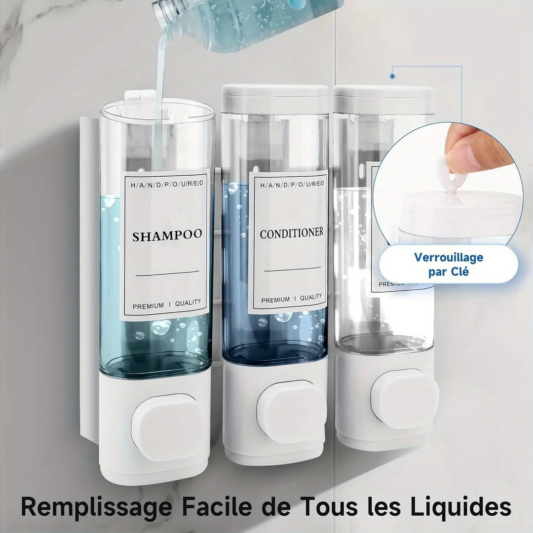 Wall-mounted Soap Dispenser, Shower Gel Dispenser, 3-in-1 Shampoo and Conditioner Dispenser, No Drilling Required, ABS Material,