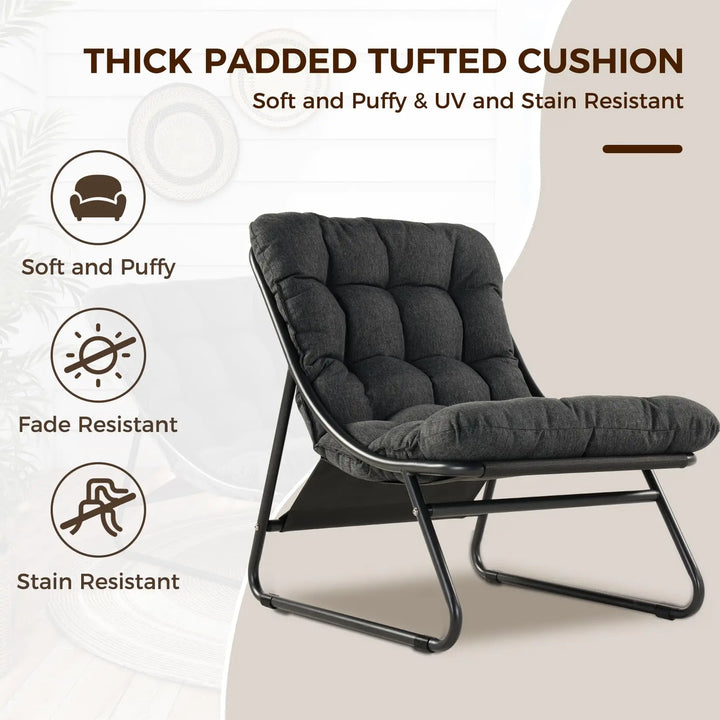 Outdoor Lounge Chair with Foot Stool, Comfy Sling Recliner Chair with Puffy Cushion and Foot Rest, Modern Patio Furniture Set