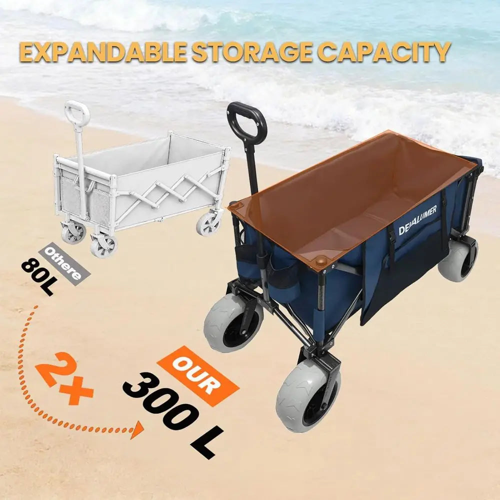 X800 Heavy-Duty Beach Wagon — 9"x4" Sand-Proof PU Wheels, 300L Oversized Foldable Cart with Side Bag | All-Terrain Utility Wagon