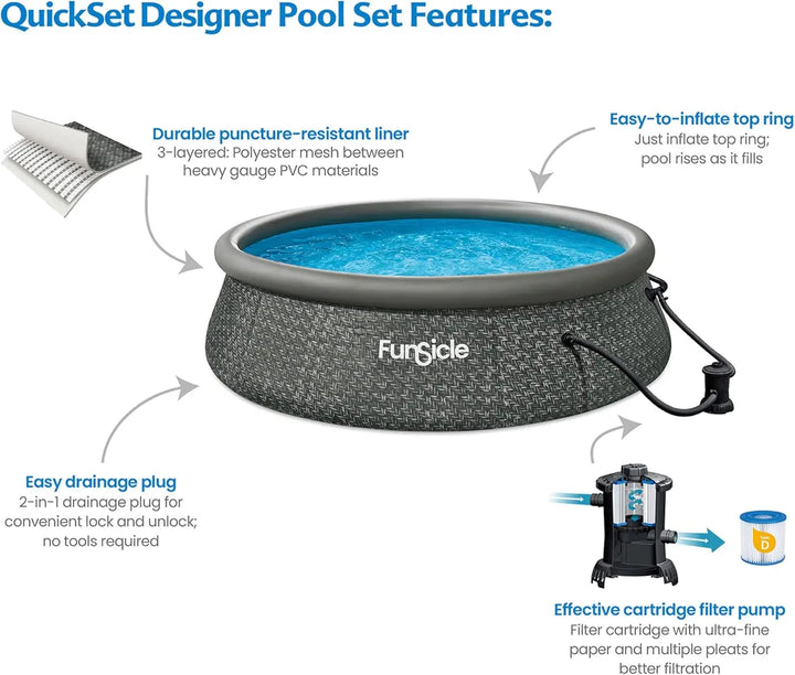 12ft x 36in Round Inflatable Above Ground Swimming Pool with Filter Pump – Easy Setup with Top Ring Design