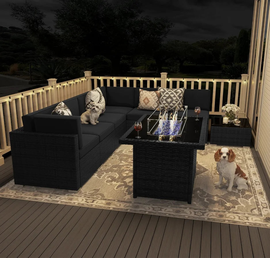 8-Piece Patio Furniture Set with 44" Propane Gas Fire Pit Table — Outdoor Wicker Sectional Sofa &amp; Coffee Table | Black