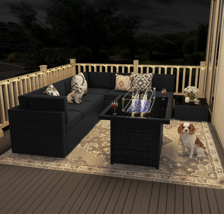8-Piece Patio Furniture Set with 44" Propane Gas Fire Pit Table — Outdoor Wicker Sectional Sofa &amp; Coffee Table | Black