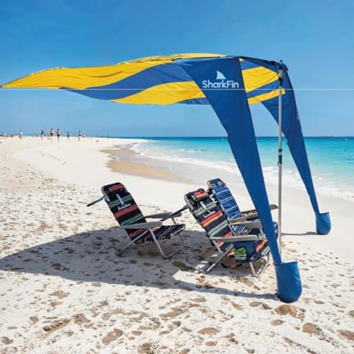 Shark Fin Shade Beach Tent — UPF 50+ Windproof Sun Canopy for 1–8 People | No Assembly Required | 3–30 MPH Wind Rated