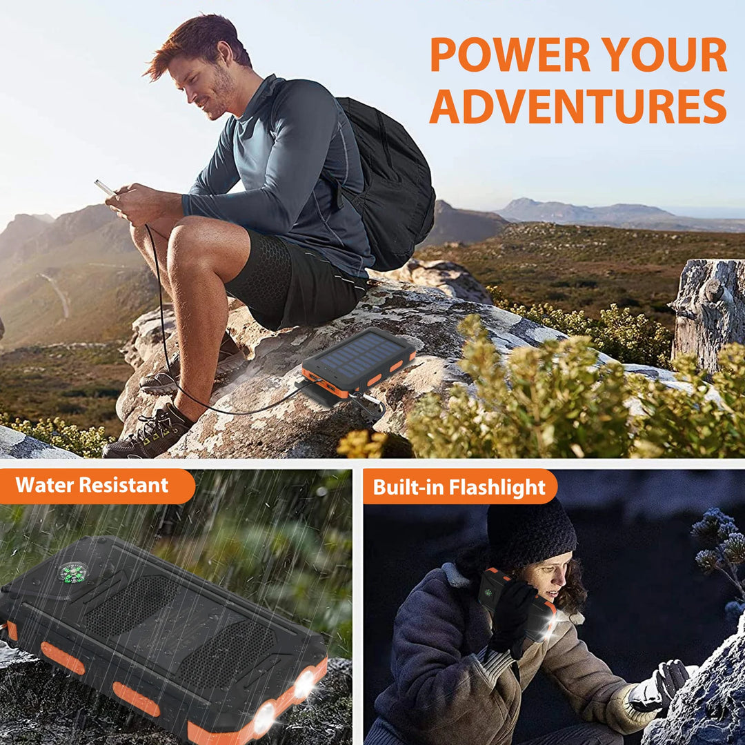20,000mAh Solar Power Bank — Waterproof Portable Charger with Dual USB, LED Flashlight &amp; Solar Panel