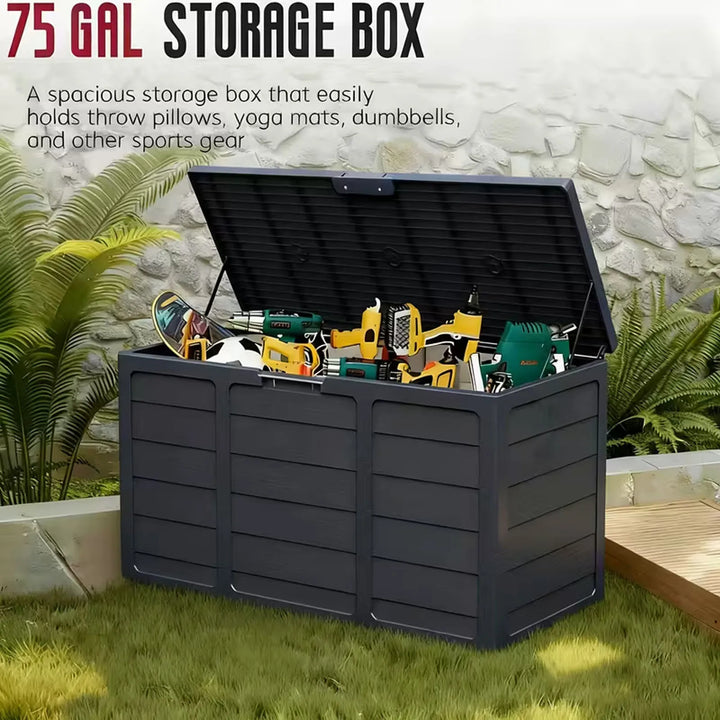 75 Gallon Large Outdoor Deck Box with Lockable Lid &amp; Heavy-Duty Hinged Door - White/Green Heavy-Duty Plastic Storage Container,