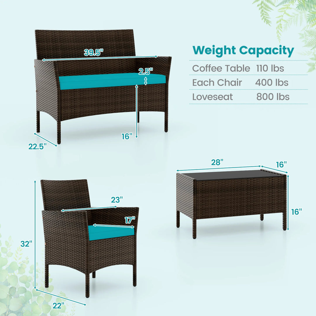 8 PCS Patio Furniture Set with Washable Cushions and Tempered Glass Coffee Table Turquoise