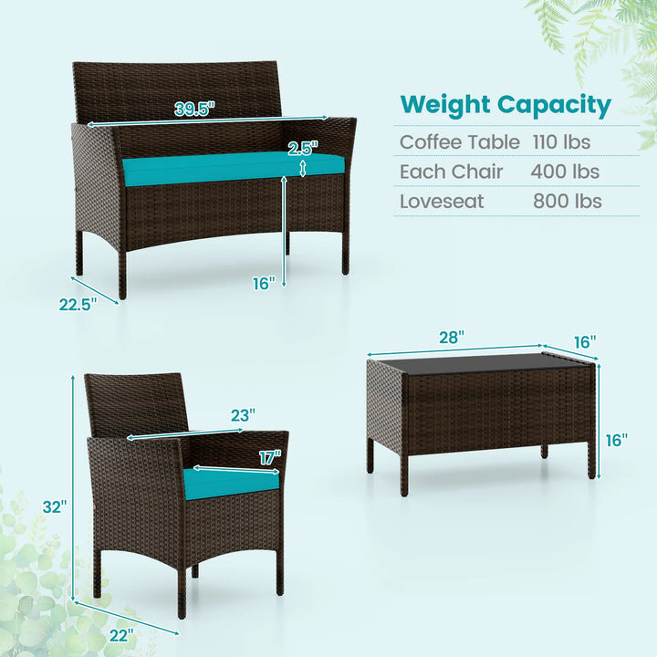 8 PCS Patio Furniture Set with Washable Cushions and Tempered Glass Coffee Table Turquoise