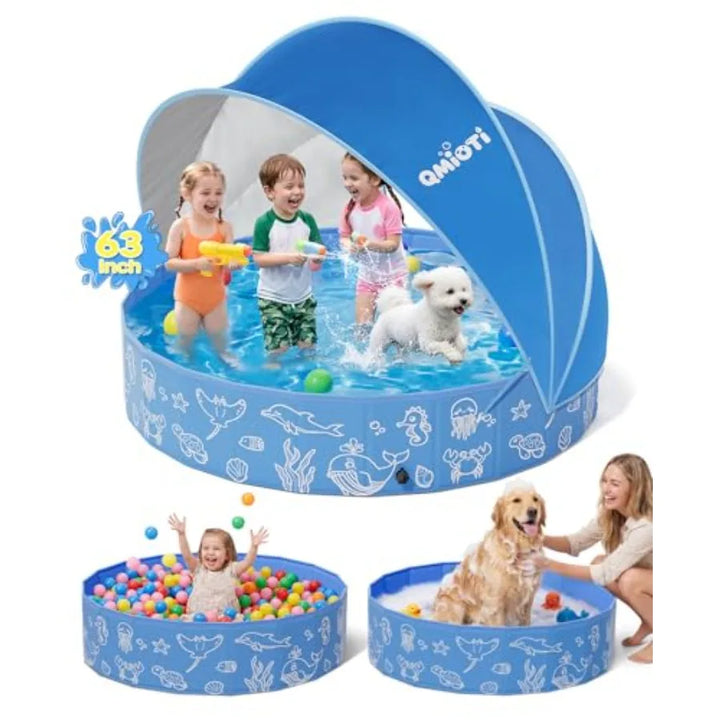 63in Kiddie Pool with Canopy for backyard, beach, outdoor summer water play; PVC material, blue; foldable, portable, non-slip b