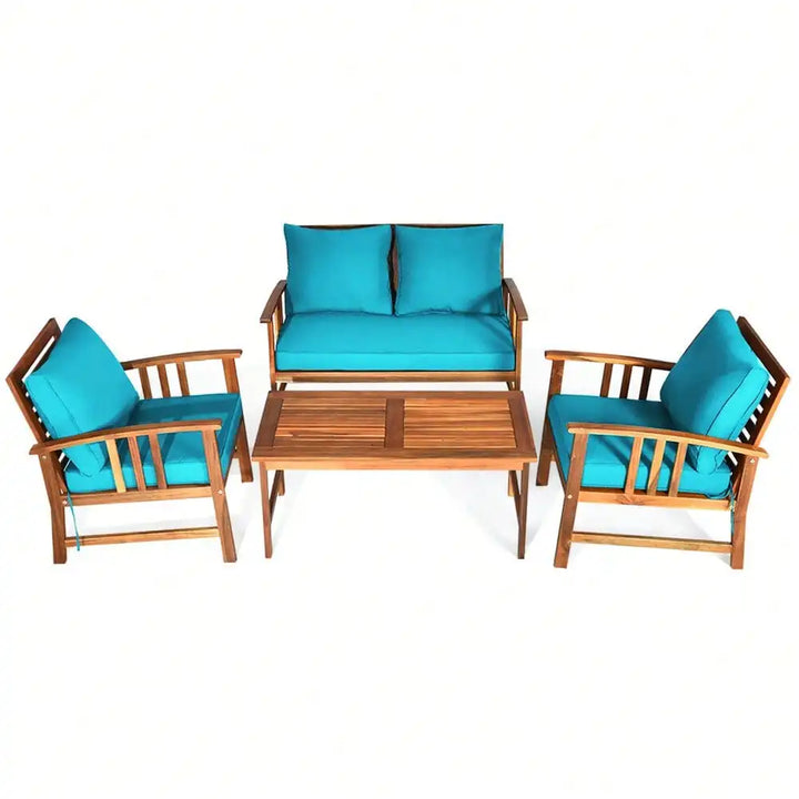 4pcs Wooden Patio Furniture Set Table &amp; Sectional Sofa w/ Turquoise Cushion