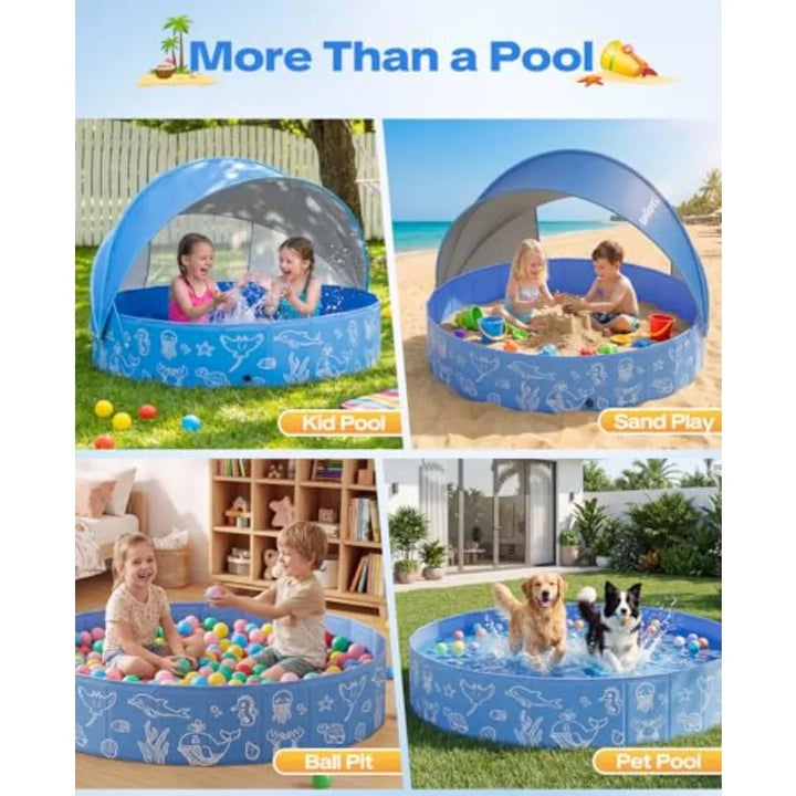 63in Kiddie Pool with Canopy for backyard, beach, outdoor summer water play; PVC material, blue; foldable, portable, non-slip b