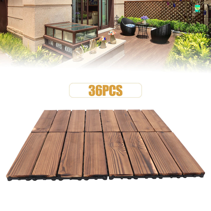 36-Pack Interlocking Wood Patio Deck Tiles — 12" x 12" Outdoor Hardwood Flooring Tiles | Brown