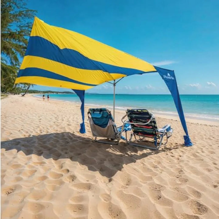 Shark Fin Shade Beach Tent — UPF 50+ Windproof Sun Canopy for 1–8 People | No Assembly Required | 3–30 MPH Wind Rated