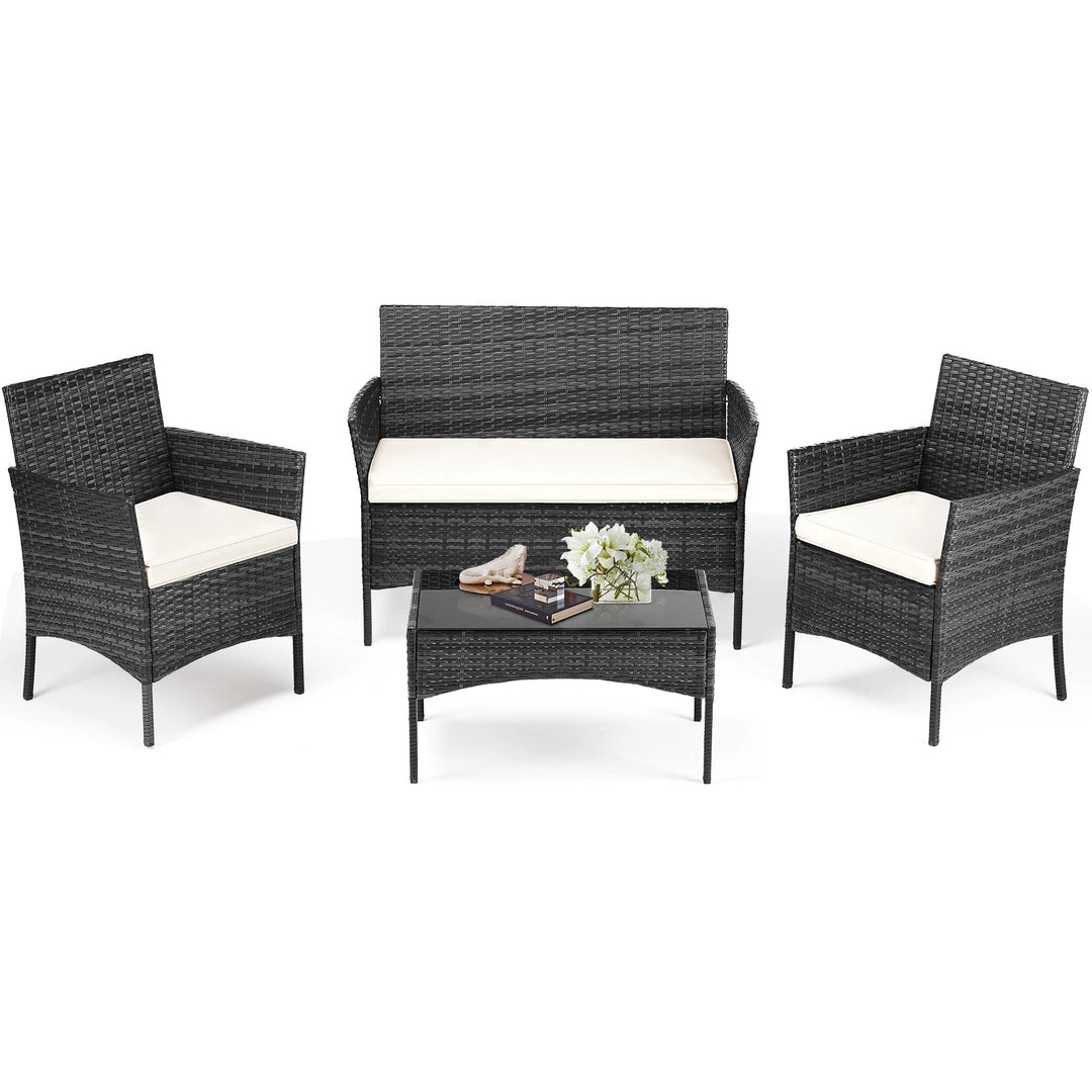 JHK 4 Piece Outdoor Patio Furniture Set with Soft Cushion and Glass Table Manual Weaving Wicker Rattan Patio Chairs For Garden