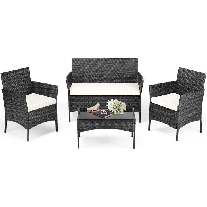 JHK 4 Piece Outdoor Patio Furniture Set with Soft Cushion and Glass Table Manual Weaving Wicker Rattan Patio Chairs For Garden